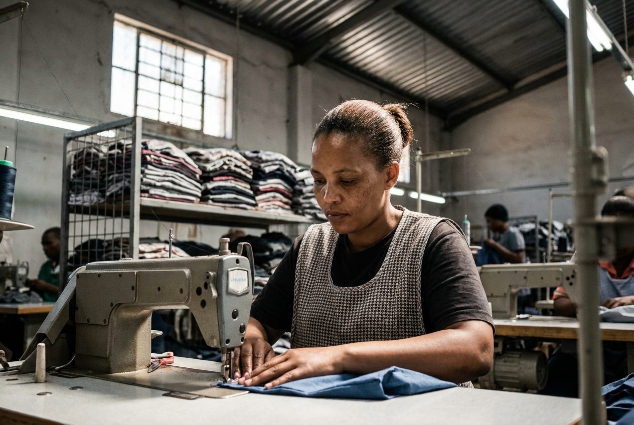 A garment maker at an industrial sewing machine in a small workshop
