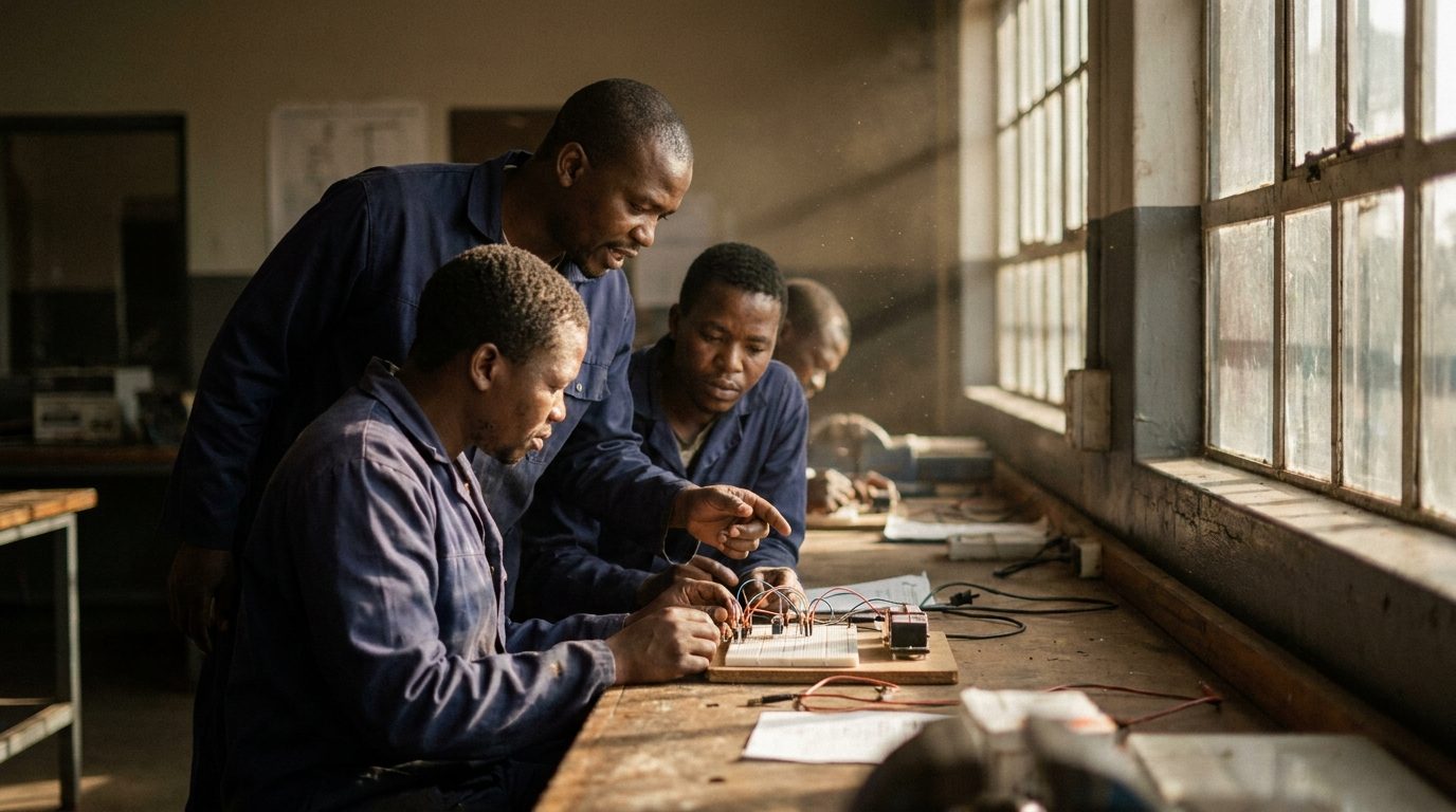 Instructor working with learners at a training bench